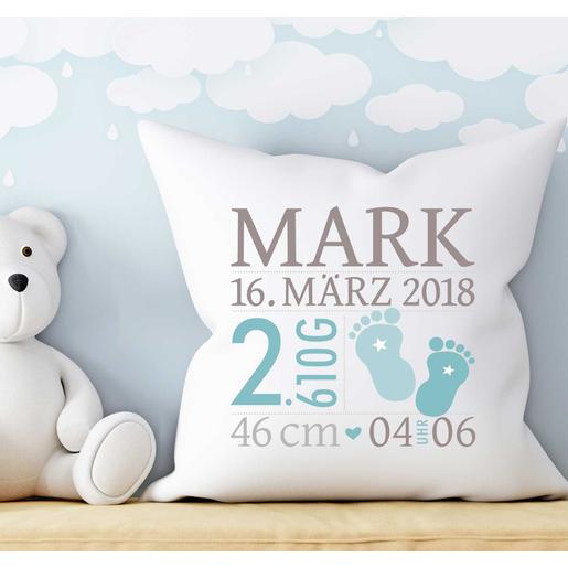 Baby Kissen Babyfüße mit Füllung  | Zauberhaftes Namenskissen zur Geburt und Taufe mit Geburtsdaten | Artikelnummer: 560127 -1