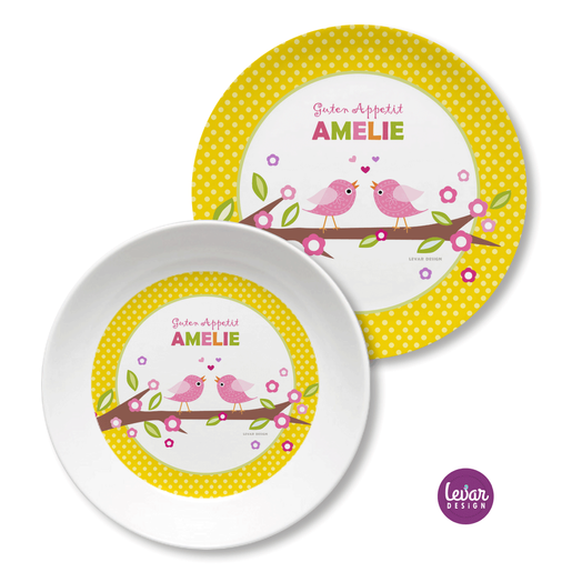 Kindergeschirr Vögel  | Kinderteller mit Namen aus Melamin BPA frei | Artikelnummer: kisetvoe1 -2