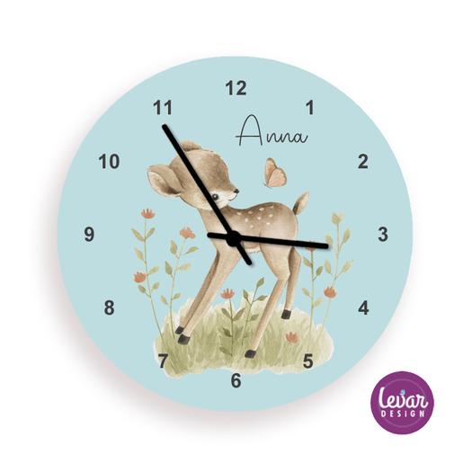 Kinderzimmer Uhr Waldtiere Reh | Leise Wanduhr für Kinder Namen personalisiert | Artikelnummer: 0465-4553-0162 -2