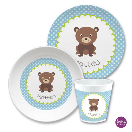 Kindergeschirr Set Löwe Dots  | Kinderteller, Trinkbecher mit Namen aus Melamin BPA frei | Artikelnummer: ki3setloeweabc -1