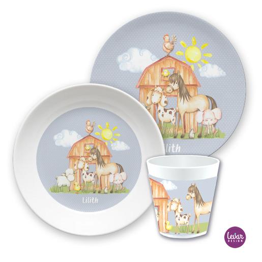 Kindergeschirr Set Bauernhof Pferd | Kinderteller, Trinkbecher mit Namen aus Melamin BPA frei | Artikelnummer: 15895100 -3