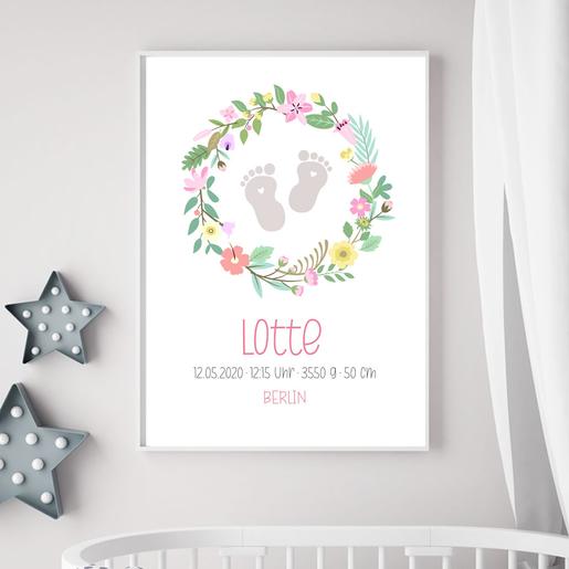 Blumenkranz | Geburtsanzeige | Kinderzimmerposter | Namensposter  | Personalisiertes Geburtsposter, Namensbild, Babyzimmerdeko | Artikelnummer: 1048-2338-4368 -2