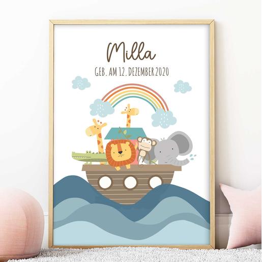 Arche Noah | Personalisiertes Geschenk Baby zur Geburt, Taufe  | Geburtsanzeige Namensbild Aquarellpapier | Artikelnummer: 5746-8888-7852 -4
