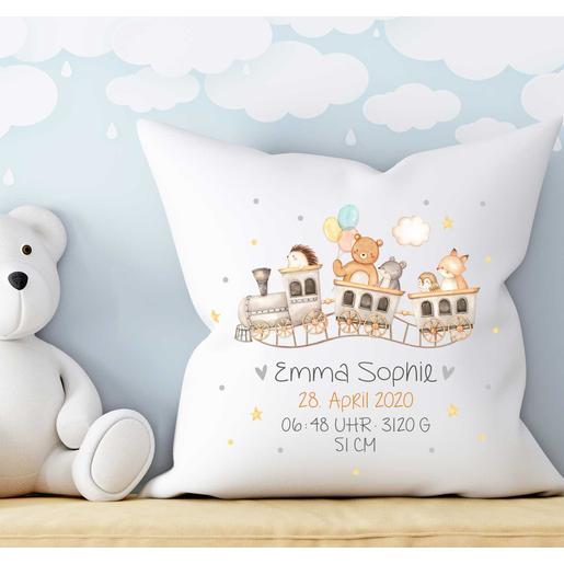 Kissen mit Namen und Füllung - Eisenbahn   | Zauberhaftes Kissen zur Geburt und Taufe mit Geburtsdaten | Artikelnummer: 2101-0753-6348
