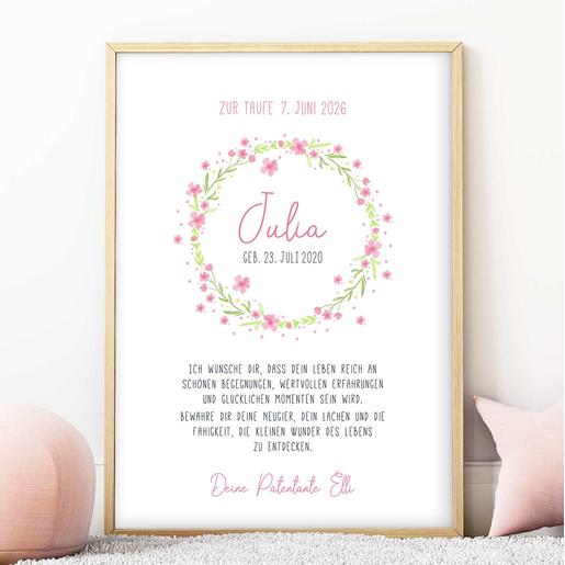 Patenbrief mit Namen - Blumenkranz | Fineart - Kunstdruck mit Namen und Geburtsdaten | Artikelnummer: 2331-7240-105891 -5