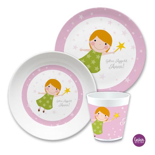 Kindergeschirr Set Mäuse | Kinderteller, Trinkbecher mit Namen aus Melamin BPA frei | Artikelnummer: ki3ersetfee -2