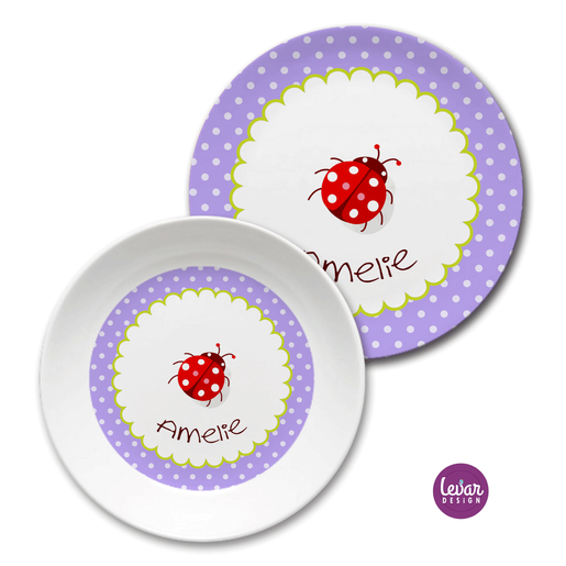 Kindergeschirr Set Glückskäfer  | Kinderteller mit Namen aus Melamin BPA frei | Artikelnummer: setmar1 -2