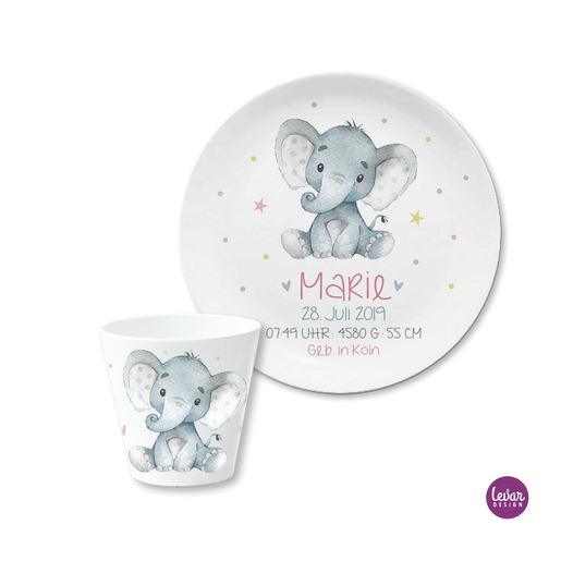 Personalisiertes Geschenk Baby zur Geburt | Geburtsteller – Taufgeschenk – Elefant | Baby Geschenk zur Geburt | Kinderteller mit Namen aus Melamin BPA frei | Artikelnummer: 58070255 -7