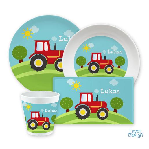 Kindergeschirr Set 4 teilig, Traktor  | Brettchen, Becher, und 2 Teller mit Namen aus Melamin, BPA frei | Artikelnummer: kisettrakrot