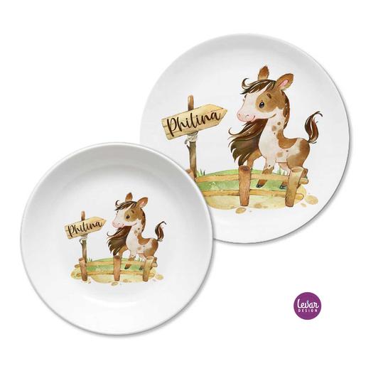 Kindergeschirr Pony personalisiert | Levar Design | Personalisiertes Kindergeschirr aus Melamin, 2 teilig | Artikelnummer: 0132-4505-2076 -4