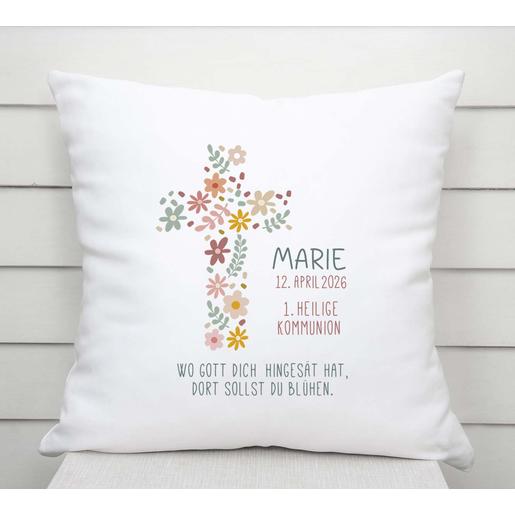 Kommunion | Taufe | Blumenkreuz | Geschenk für Kinder | Kissen personalisiert | Weiches Kissen zur Kommunion mit Füllung  | Artikelnummer: 8085-0160-318678