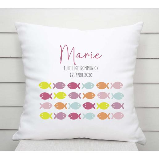 Kommunion | Taufe | Fische | Geschenk für Kinder | Kissen personalisiert | Weiches Kissen mit Füllung und farbiger Rückseite | Artikelnummer: 8085-0160-318678 Kopie