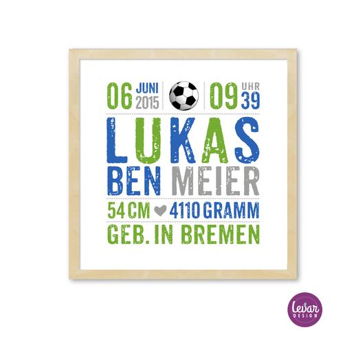 Geburtsanzeige, Taufgeschenk mit Geburtsdaten - Fussball | Personalisiertes Namensbild in Vereinsfarben – Fußball | Baby Geschenk zur Geburt | Artikelnummer: 2387-3414-7476 -6