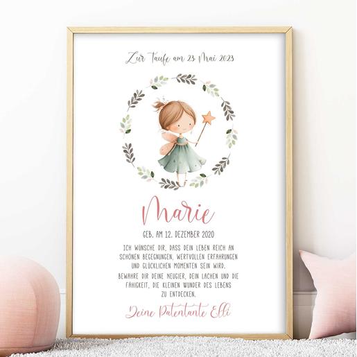 Personalisierter Patenbrief zur Taufe mit Namen - Fee | Fineart - Kunstdruck mit Namen und Geburtsdaten | Artikelnummer: 2331-7240-105897
