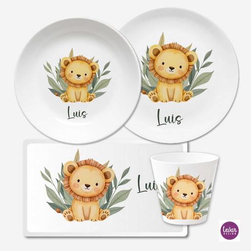 Kindergeschirr Set mit Namen personalisiert, Löwe | Geschirrset aus Melamin und BPA frei, hergestellt in Deutschland | Artikelnummer: 7806-6386-7166