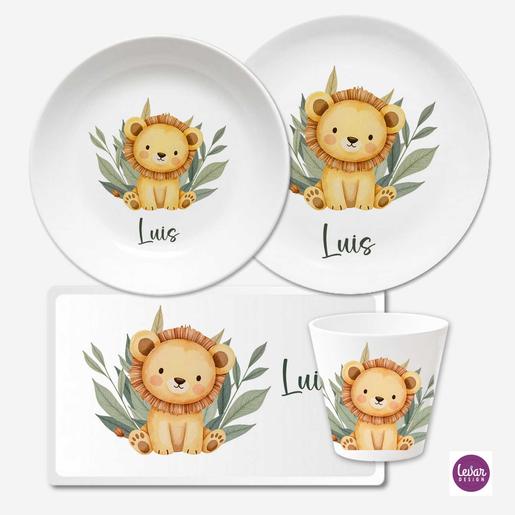 Kindergeschirr Set mit Namen personalisiert, Löwe | Geschirrset aus Melamin und BPA frei, hergestellt in Deutschland | Artikelnummer: 7806-6386-7166