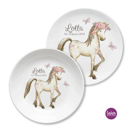 Personalisierter Kinderteller Set Pferd  | Personalisiertes Kindergeschirr aus Melamin, 2 teilig | Artikelnummer: 51499100 -7