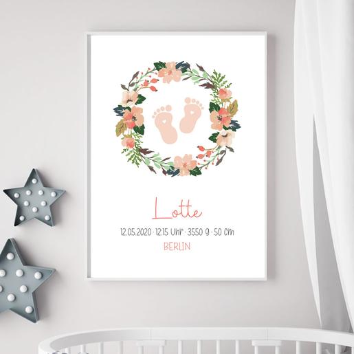 Blumenkranz | Geburtsanzeige | Kinderzimmerposter | Namensposter  | Personalisiertes Geburtsposter, Namensbild, Babyzimmerdeko | Artikelnummer: 1048-2338-4368 -3