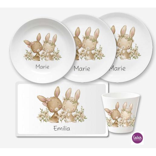 Hasen Kindergeschirr Set personalisiert | Geschirrset aus Melamin und BPA frei für Kinder | Artikelnummer: 0057-0651-8718