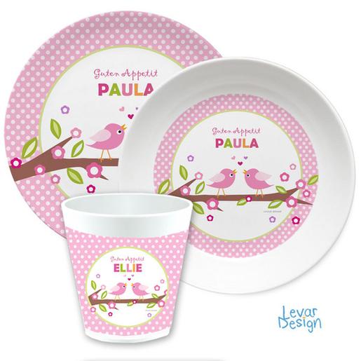 Kindergeschirr Set Vögel Dots  | Kinderteller, Trinkbecher mit Namen aus Melamin BPA frei | Artikelnummer: 124554991 -1