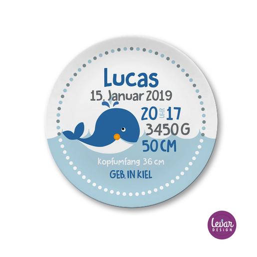 Geburtsteller Taufteller Geschenk Baby, Wal | Kinderteller mit Geburtsdaten aus Melamin, BPA frei | Artikelnummer: 7780-6155-8522 -1