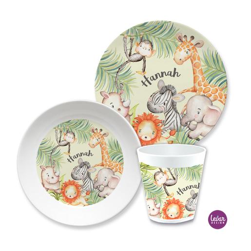 Kindergeschirr Set Dschungeltiere, Löwe, Zebra | 3teiliges Geschirrset aus Melamin und BPA frei für Kinder | Artikelnummer: 3060-0461-5731 -7
