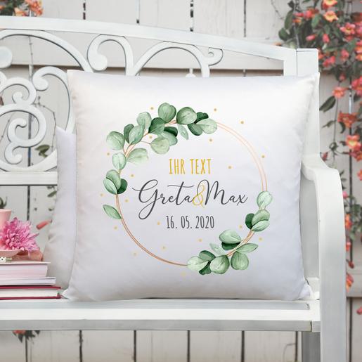Kissen personalisiertes Hochzeitsgeschenk | Eukalyptus | Geschenkidee zur Hochzeit, Hochzeitstag, zum Valentinstag ... | Kissen mit Namen, Datum und Füllung - Eukalyptus Kranz | Artikelnummer: 2775-7751-7886 -3