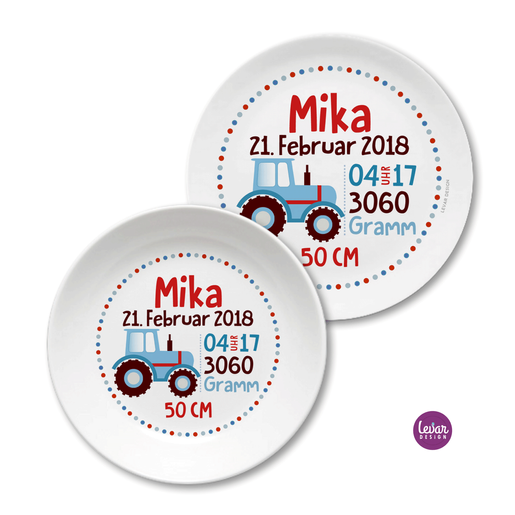 Geburtsteller Taufteller Geschenk Baby, Traktor | Kinderteller Set mit Geburtsdaten aus Melamin, BPA frei | Artikelnummer: 3384-4608-4072 Kopie