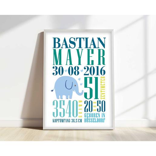 Poster Geburt | Geburtsanzeige Elefant Typo  | Personalisiertes Geburtsbild zur Geburt oder Taufe für Babys | Artikelnummer: 64751343 -2