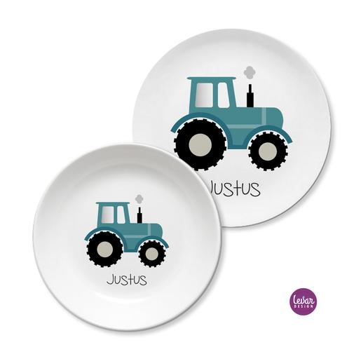 Kindergeschirr personalisiert mit Namen - Traktor | Kinderteller mit Namen personalisiert, BPA frei, hergestellt in Deutschland | Artikelnummer: 0075-2842-1281