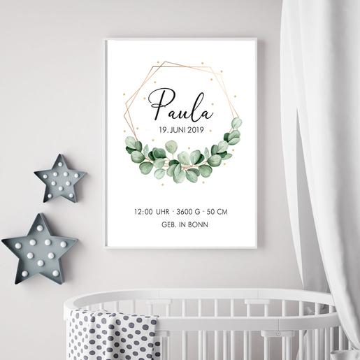 Personalisiertes Geschenk Baby zur Geburt – Taufgeschenk | Eukalyptus Kinderzimmerbild mit Namen | Artikelnummer: 64533900 -1