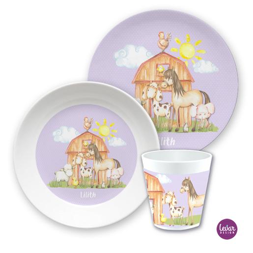 Kindergeschirr Set Bauernhof Pferd | Kinderteller, Trinkbecher mit Namen aus Melamin BPA frei | Artikelnummer: 15895100 -4