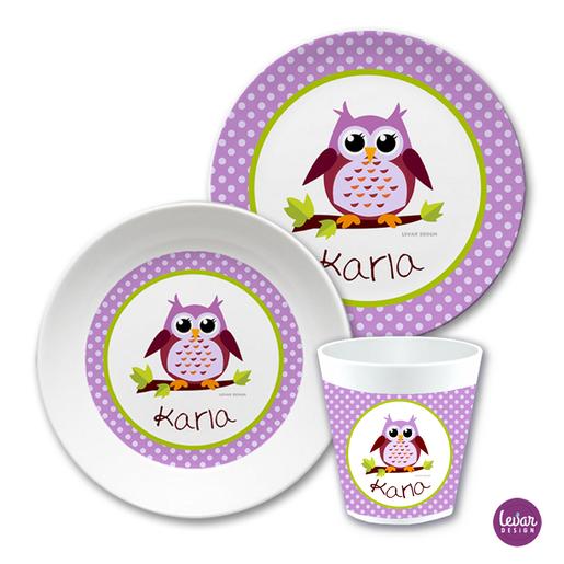 Kindergeschirr Eule Dots  | Kinderteller, Trinkbecher mit Namen aus Melamin BPA frei | Artikelnummer: kigbrem1 -3