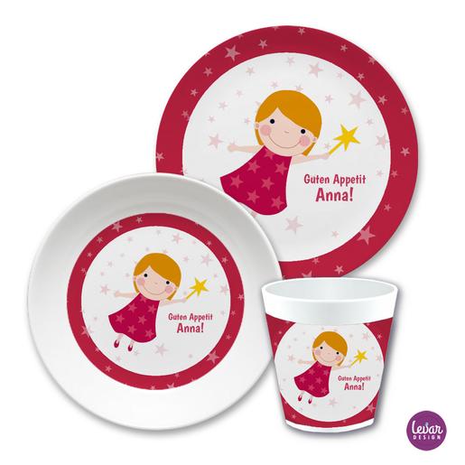 Kindergeschirr Set Mäuse | Kinderteller, Trinkbecher mit Namen aus Melamin BPA frei | Artikelnummer: ki3ersetfee -1