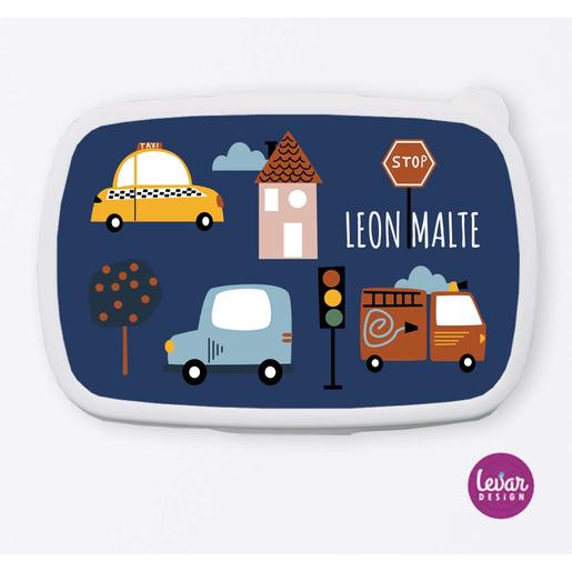 Personalisierte Brotdose Autos für Kinder, Kindergarten, Schule & Sport | Tolle Brotdose mit Namen personalisiert | Artikelnummer: 2216-4422-3625 -1
