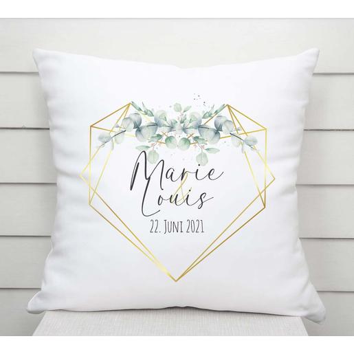 Kissen Hochzeitsgeschenk | Geschenkidee zur Hochzeit, Hochzeitstag, zum Valentinstag  | Kissen mit Namen, Datum und Füllung - Eukalyptus | Artikelnummer: 1747-8544-6368 Kopie