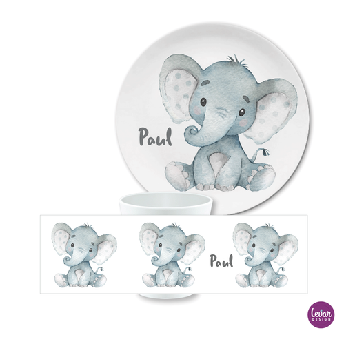 Kindergeschirr Set Babyelefant | Trinkbecher und Dessertteller aus Melamin. BPA frei und hergestellt in Deutschland. | Artikelnummer: 6418-6427-6708