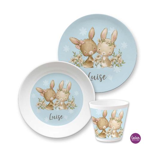 Hasen - Kindergeschirr Set mit Namen personalisiert, 4 teilig  | Melamingeschirr BPA frei, hergestellt in Deutschland  | Artikelnummer: 3176-1813-2703 -2