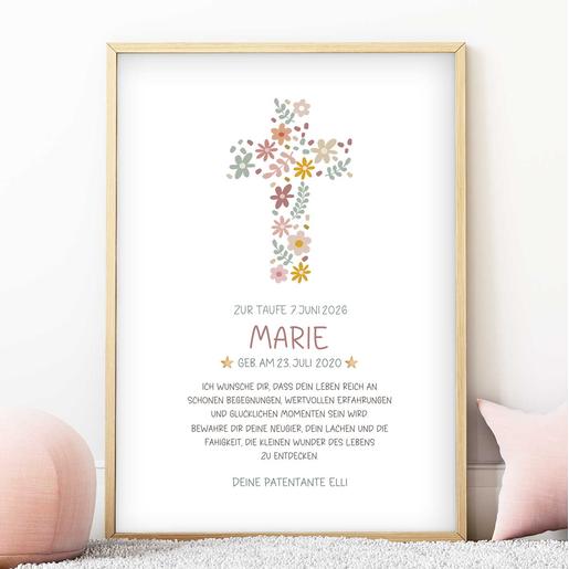 Patenbrief mit Namen - Blütenkreuz | Fineart - Kunstdruck mit Namen und Geburtsdaten | Artikelnummer: 2331-7240-1058925