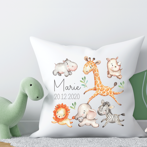 Weiches Babykissen Dschungeltiere mit Füllung  | Weiches Kissen zur Geburt und Taufe personalisierbar | Artikelnummer: 8085-0160-3186