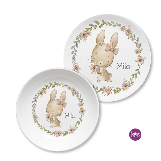 Hasen - Kindergeschirr Set mit Namen personalisiert, 4 teilig  | Melamingeschirr BPA frei, hergestellt in Deutschland  | Artikelnummer: 3176-1813-2703 -5