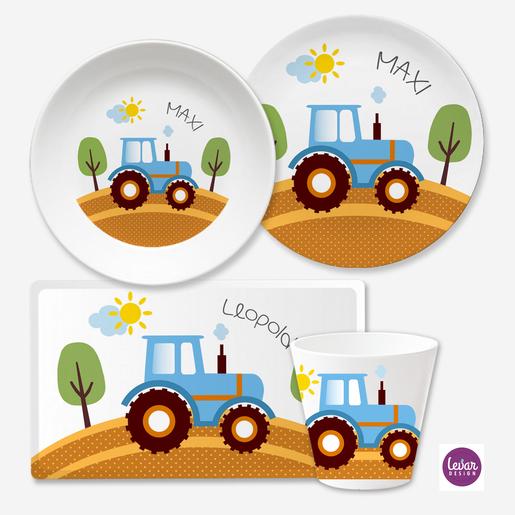 Kinderteller Geschirrset Traktor | Personalisiertes Kindergeschirr aus Melamin | Artikelnummer: 8662-7178-3253 -4