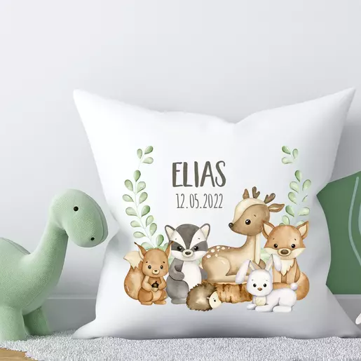 Geschenk zur Geburt oder Taufe Waldtiere | Weiches Kinderkissen personalisiert mit dem Namen  | Artikelnummer: 2862-6684-7615