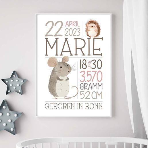  | Geburtsanzeige | Kinderzimmerposter | Namensposter Maus  | Kunstdruck auf Aquarellpapier | Artikelnummer: 0544-2265-4532 -3