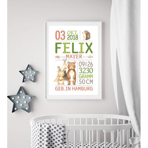 Geburtsanzeige Waldtiere Taufgeschenk, personalisiert  | Zauberhaftes Kinderzimmerbild mit Namen | Artikelnummer: 87232260 -4