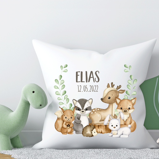 Kissen mit Füllung Waldtiere für Kinder | Weiches Kissen mit Namen und Geburtsdaten personalisierbar | Artikelnummer: 8360-4651-0843 -1