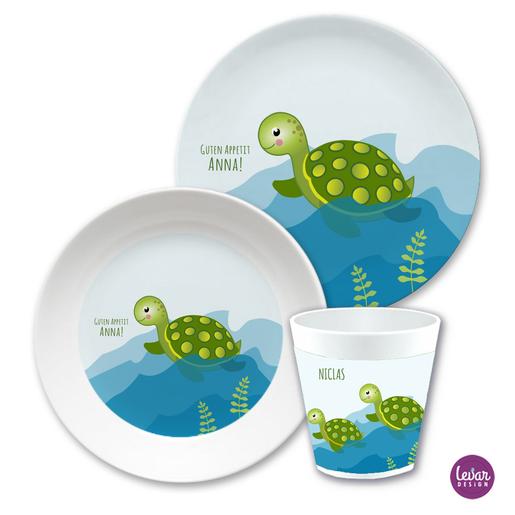 Kindergeschirr Set Schildkröte | Kinderteller, Trinkbecher mit Namen aus Melamin BPA frei | Artikelnummer: ki3setkroete