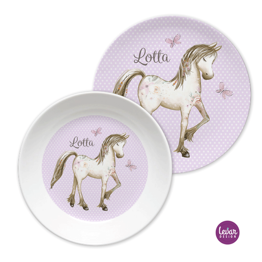 Personalisierter Kinderteller Set Pferd  | Personalisiertes Kindergeschirr aus Melamin, 2 teilig | Artikelnummer: 51499100 -9