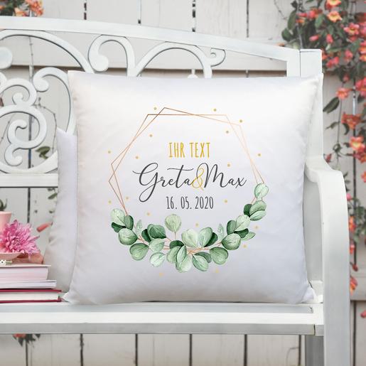 Kissen personalisiertes Hochzeitsgeschenk | Eukalyptus | Geschenkidee zur Hochzeit, Hochzeitstag, zum Valentinstag ... | Kissen mit Namen, Datum und Füllung - Eukalyptus Kranz | Artikelnummer: 2775-7751-7886 -2