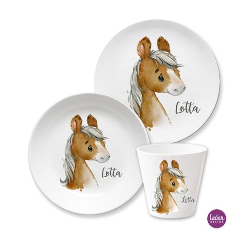 Kindergeschirr Set Pony | 3teiliges Geschirrset aus Melamin und BPA frei für Kinder | Artikelnummer: 1310-3480-5846 -1